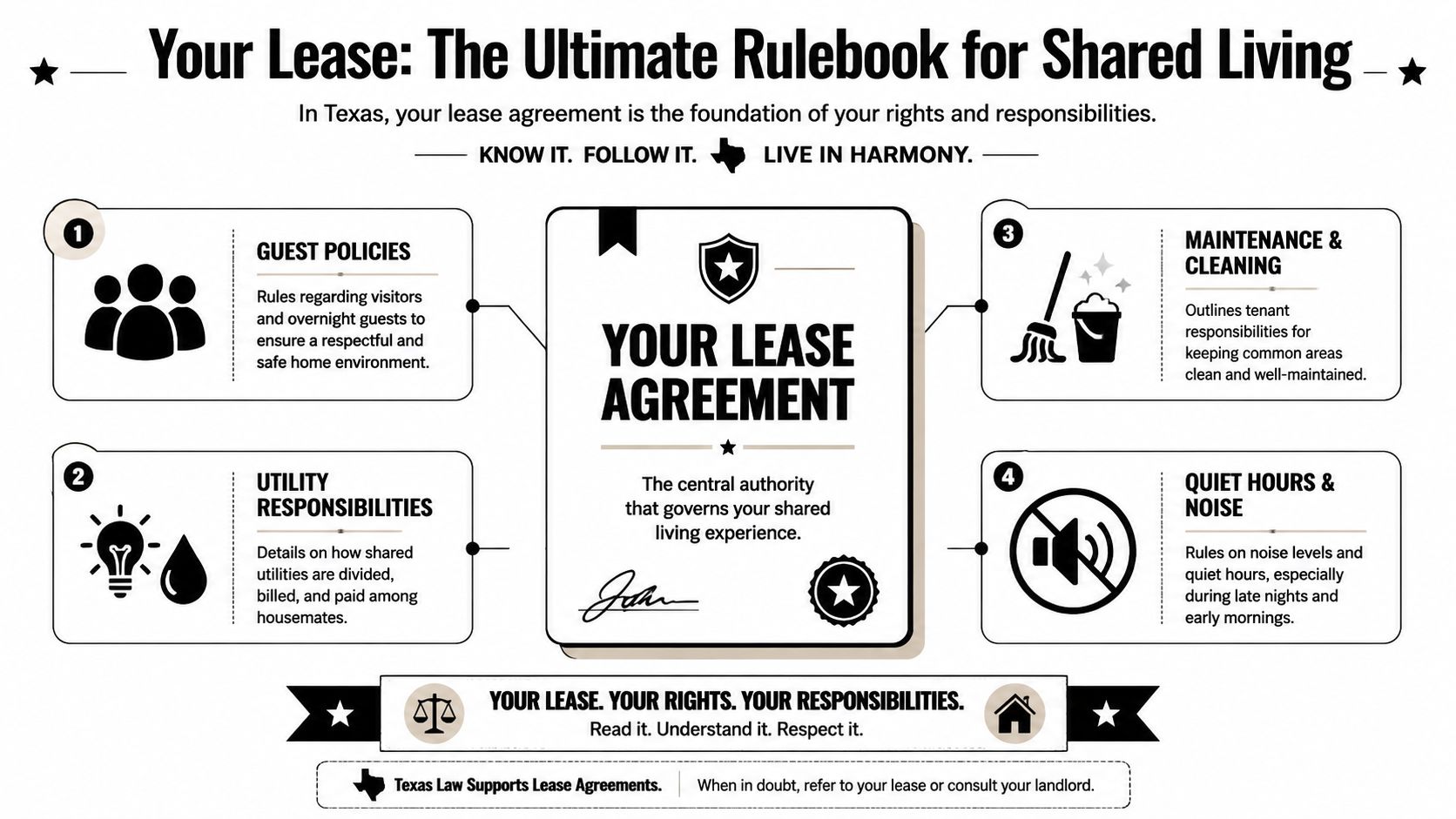 An infographic titled Your Lease for Shared Living explaining tenant rules and responsibilities in Texas apartments.