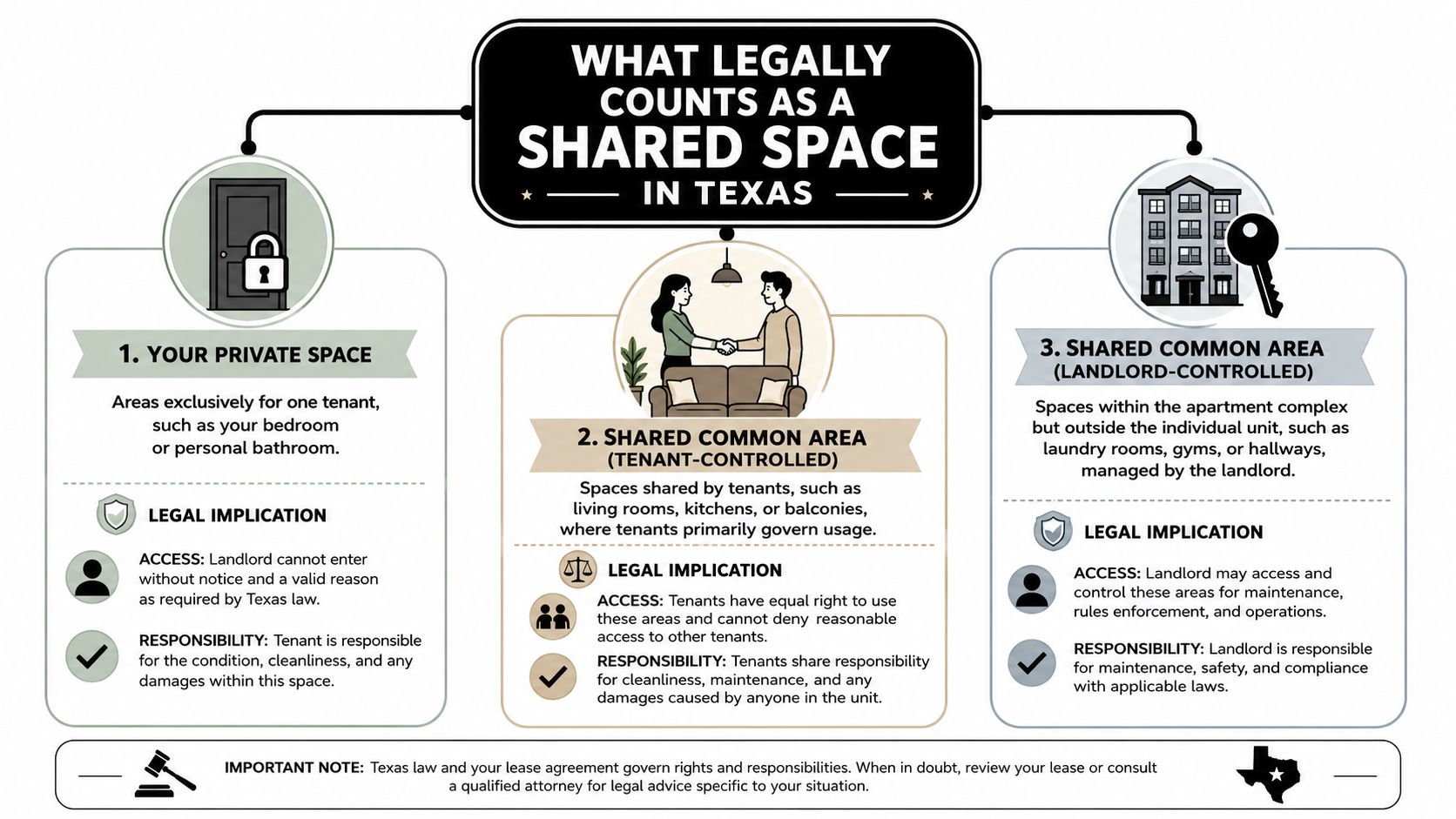 An infographic detailing the three types of shared and private spaces in Texas rental properties.