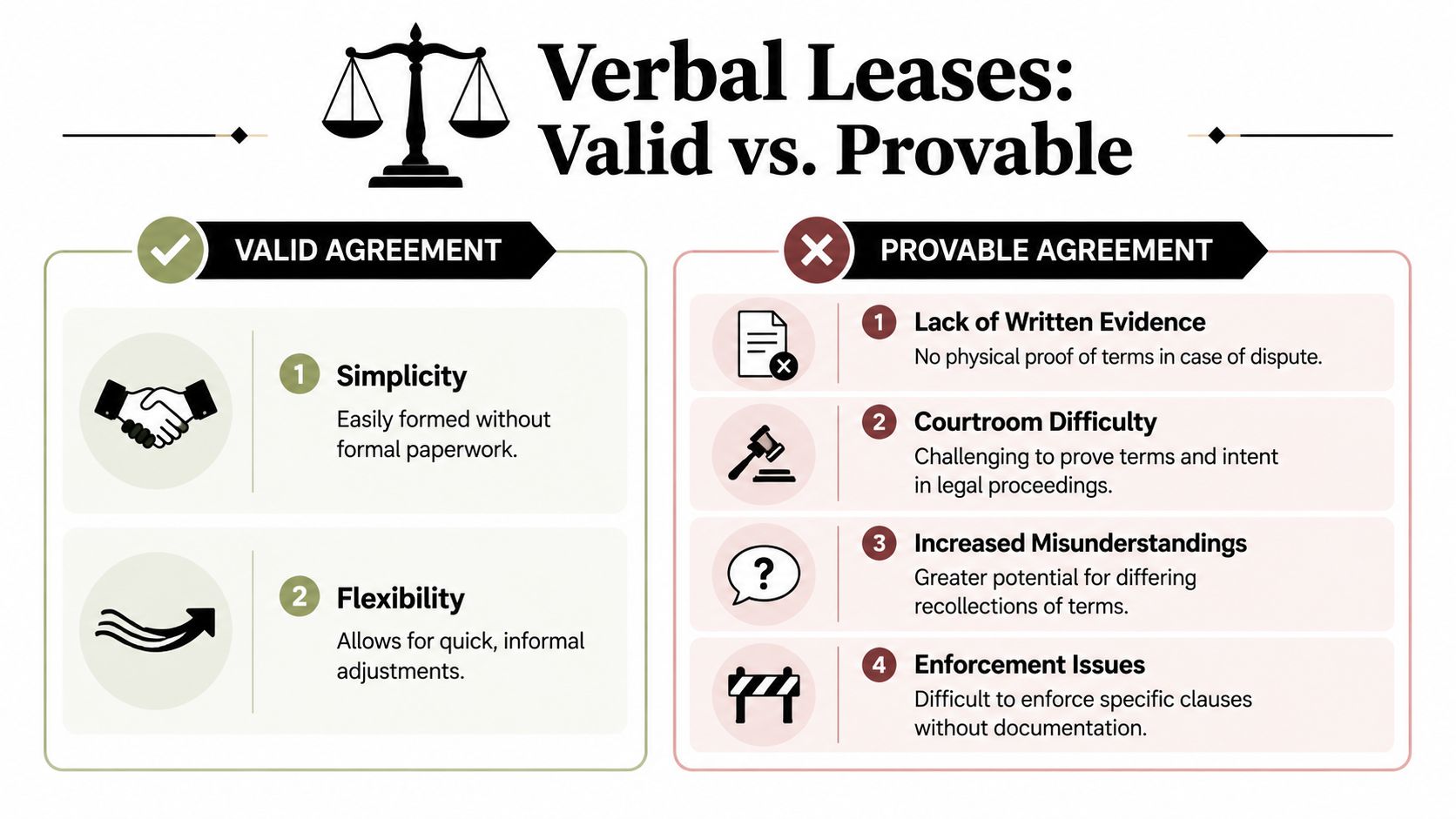 An infographic comparing the validity and provability of verbal rental lease agreements using two labeled columns.