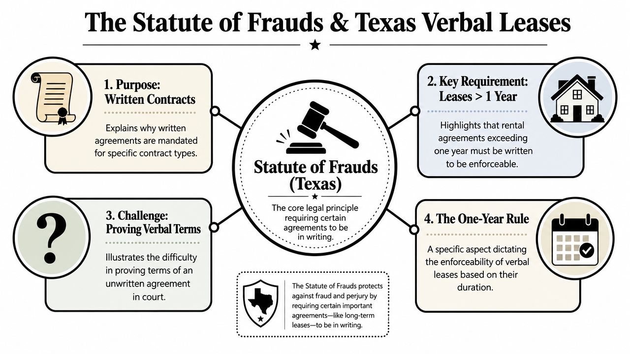 An infographic explaining the Texas Statute of Frauds regarding the enforceability of verbal lease agreements.
