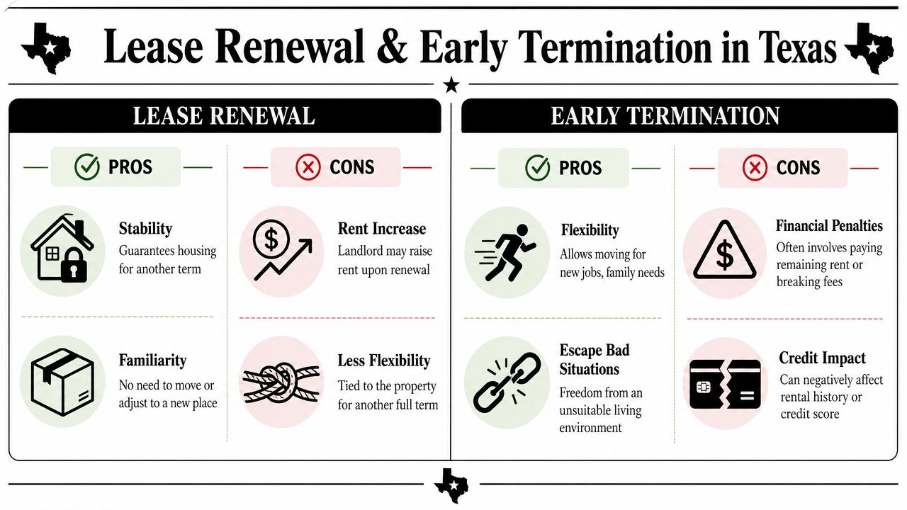 A comparison chart outlining the pros and cons of lease renewal versus early termination for tenants.