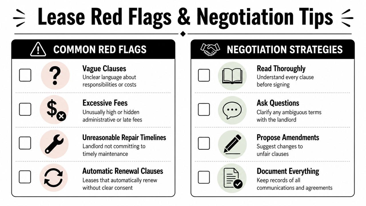 An infographic listing common lease red flags and recommended negotiation strategies for potential tenants.
