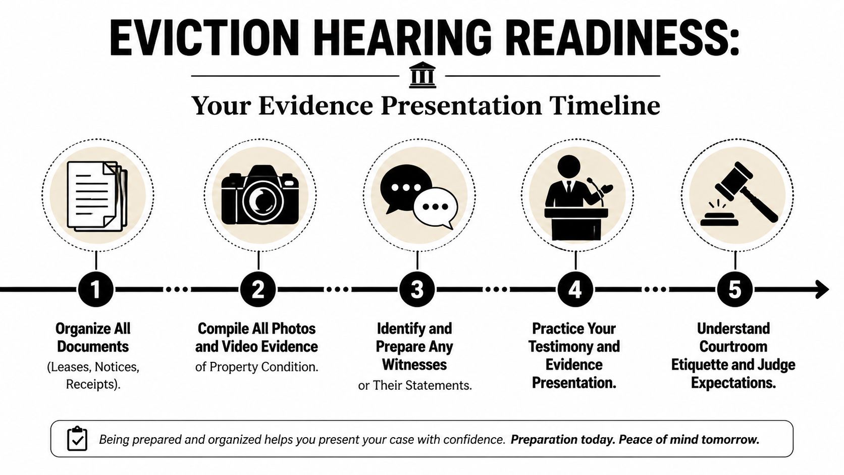 A step-by-step timeline graphic outlining five essential steps for tenants preparing for an eviction hearing.