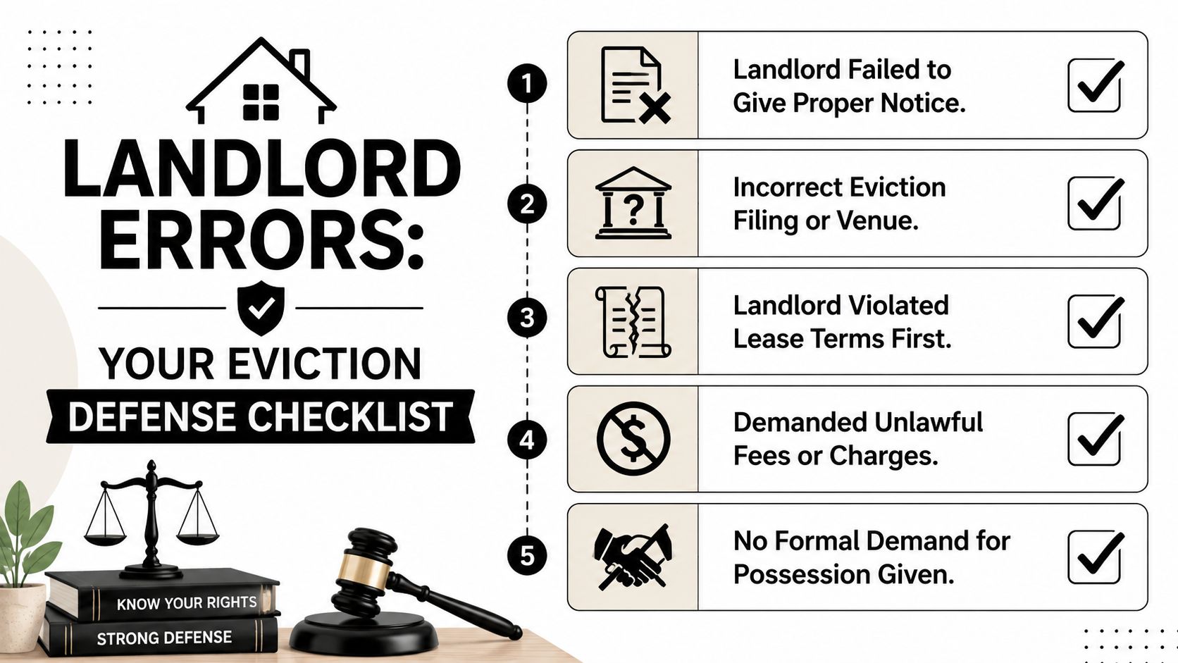 A checklist of common landlord errors used as a defense against tenant eviction in court.