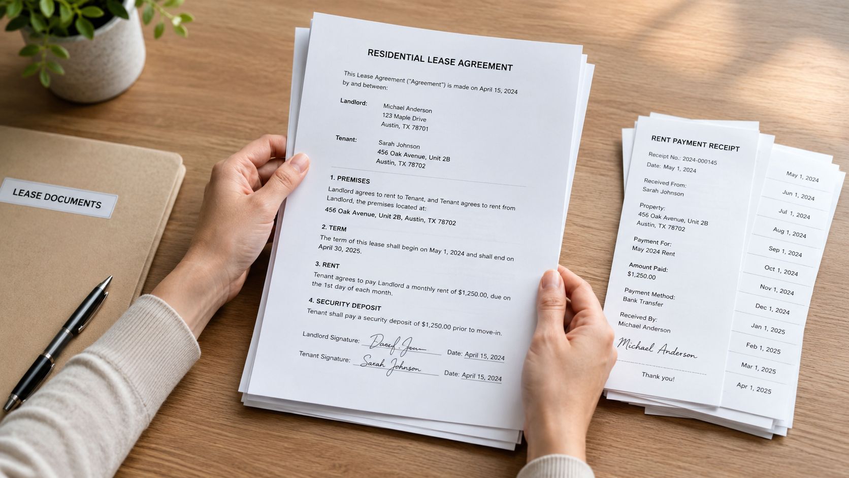 A person holding a signed residential lease agreement document over a wooden office desk surface.