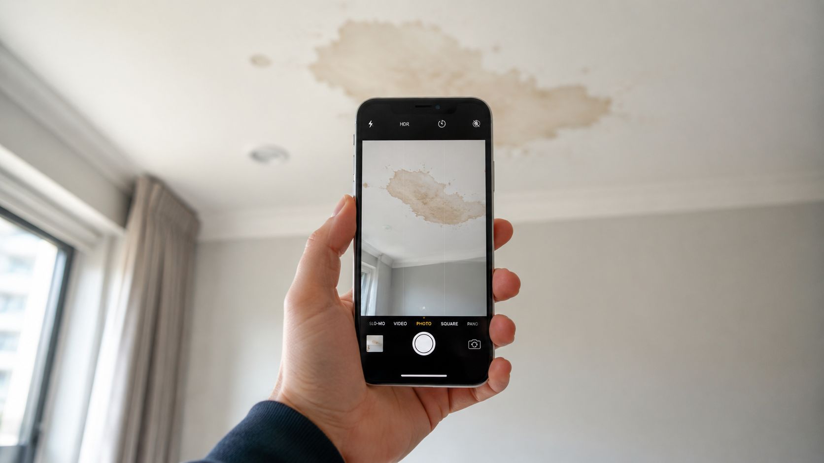 A hand holds a smartphone up to capture a large water stain on a residential ceiling.