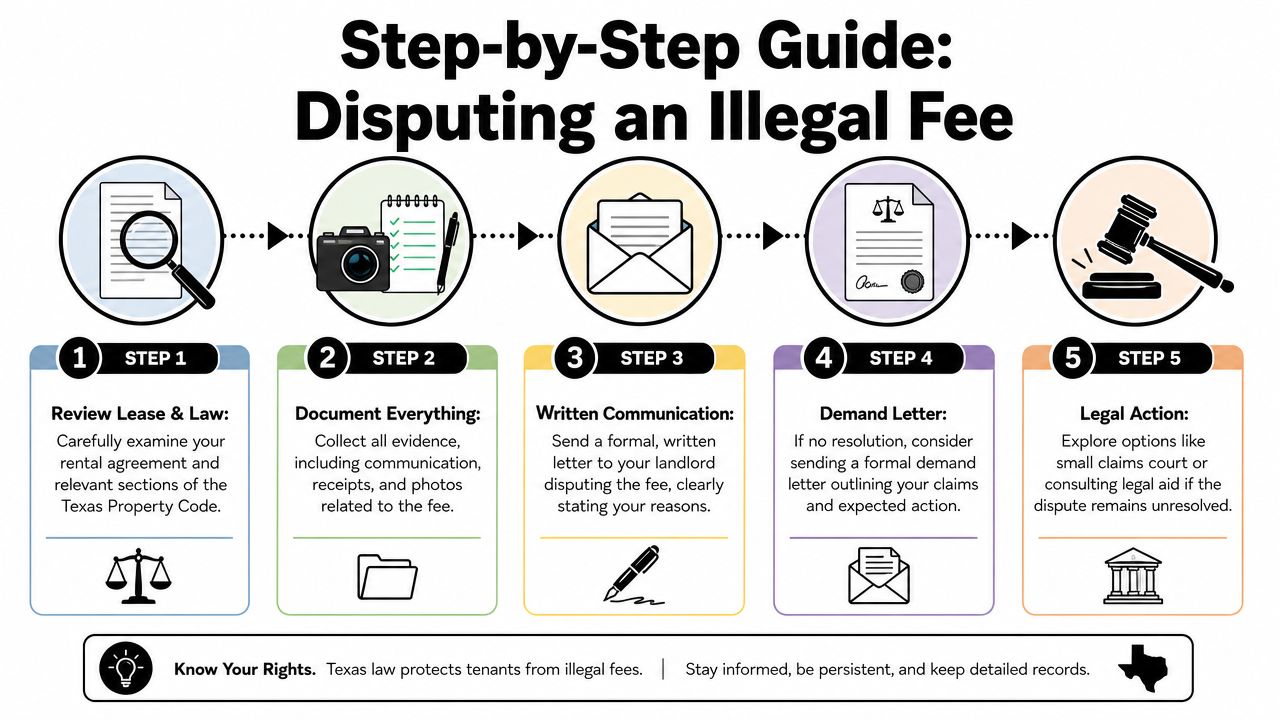 A five-step infographic guide explaining how tenants can legally dispute illegal fees charged by their landlords.