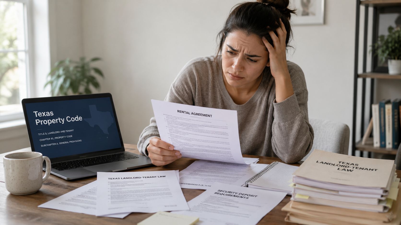 A woman looks frustrated while reviewing a rental agreement and Texas landlord tenant law documents at home.