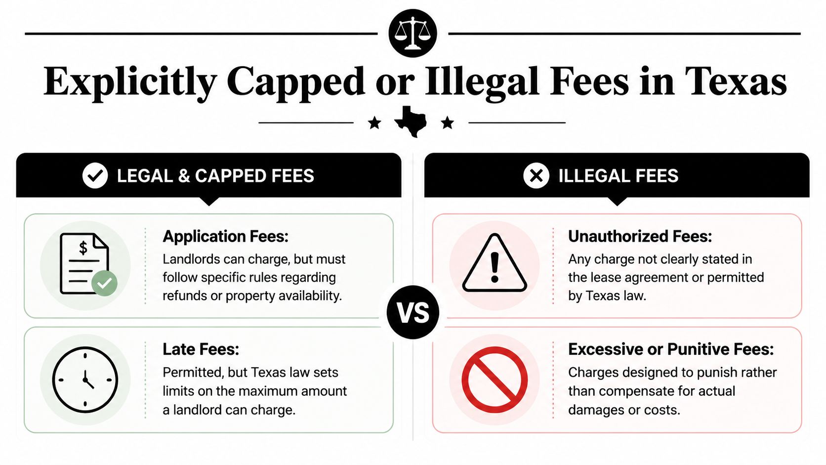 A comparison chart outlining legal, capped fees and illegal rental fees for landlords in Texas.