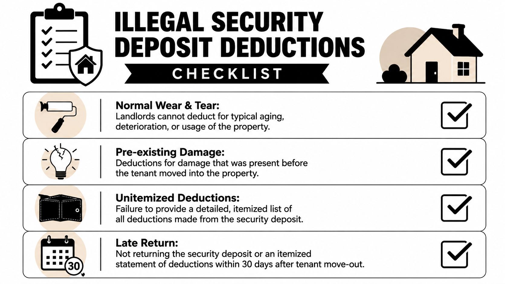 A checklist infographic outlining common illegal security deposit deductions landlords cannot make against tenants.