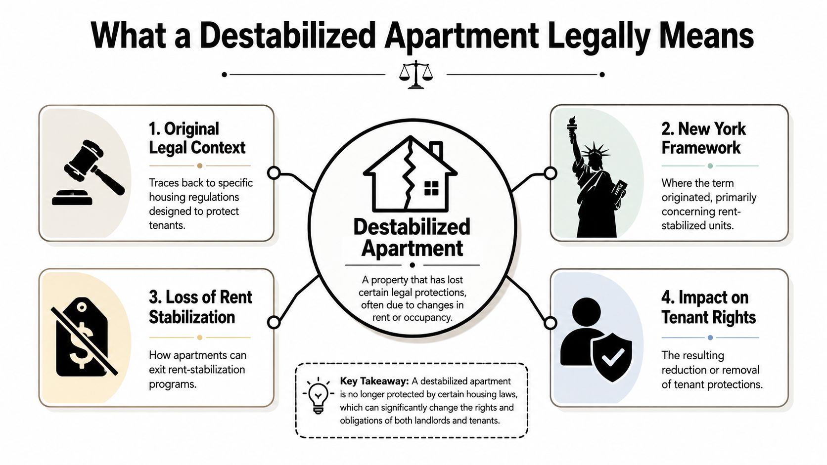 An infographic explaining the legal definition and implications of a destabilized apartment in New York housing laws.