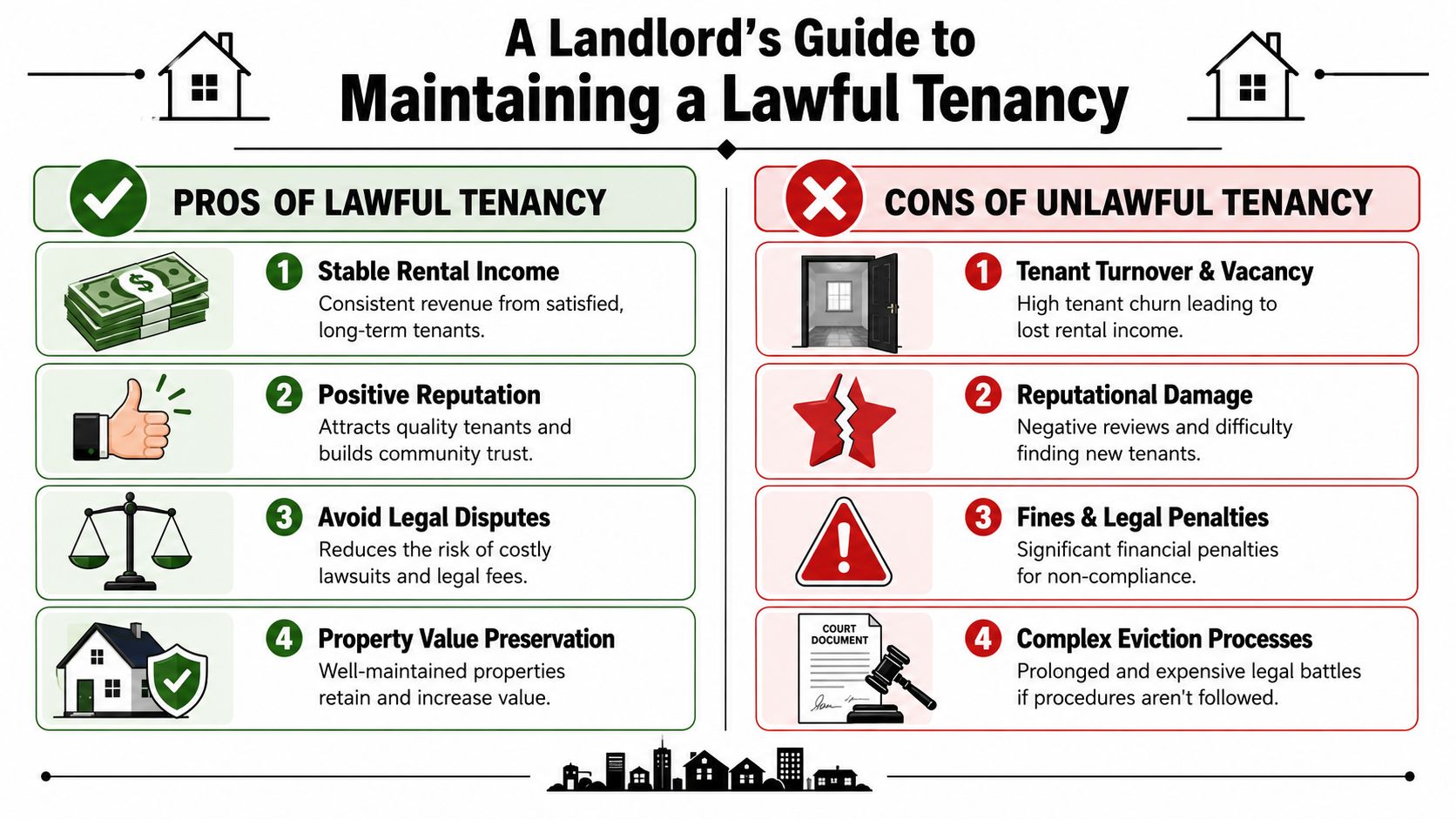 A landlord's guide comparing the financial and professional pros of lawful tenancy against cons of unlawful tenancy.