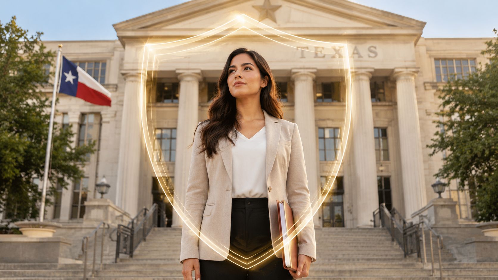 A professional woman standing in front of a Texas government building protected by a digital shield overlay.