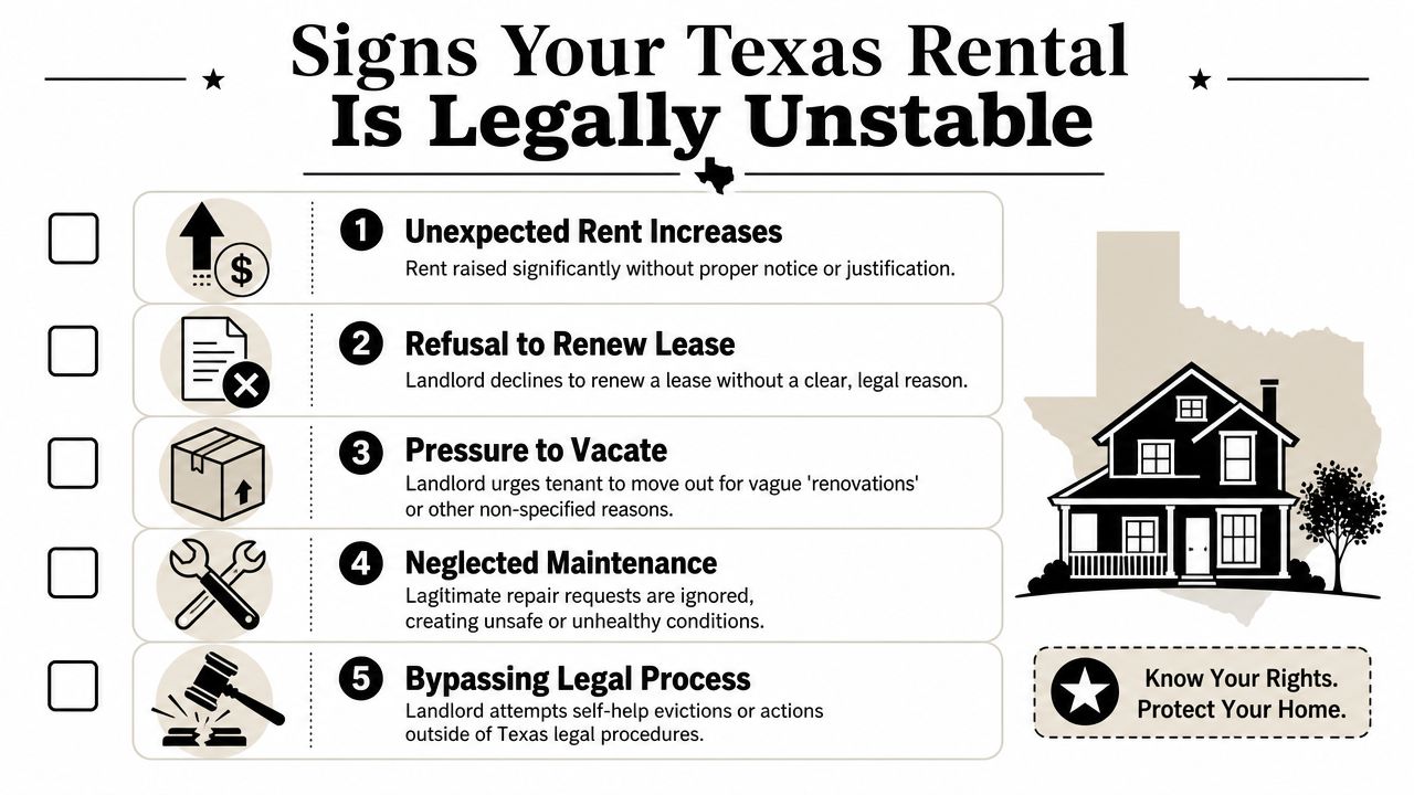 A checklist infographic outlining five signs that a residential rental property in Texas is legally unstable.