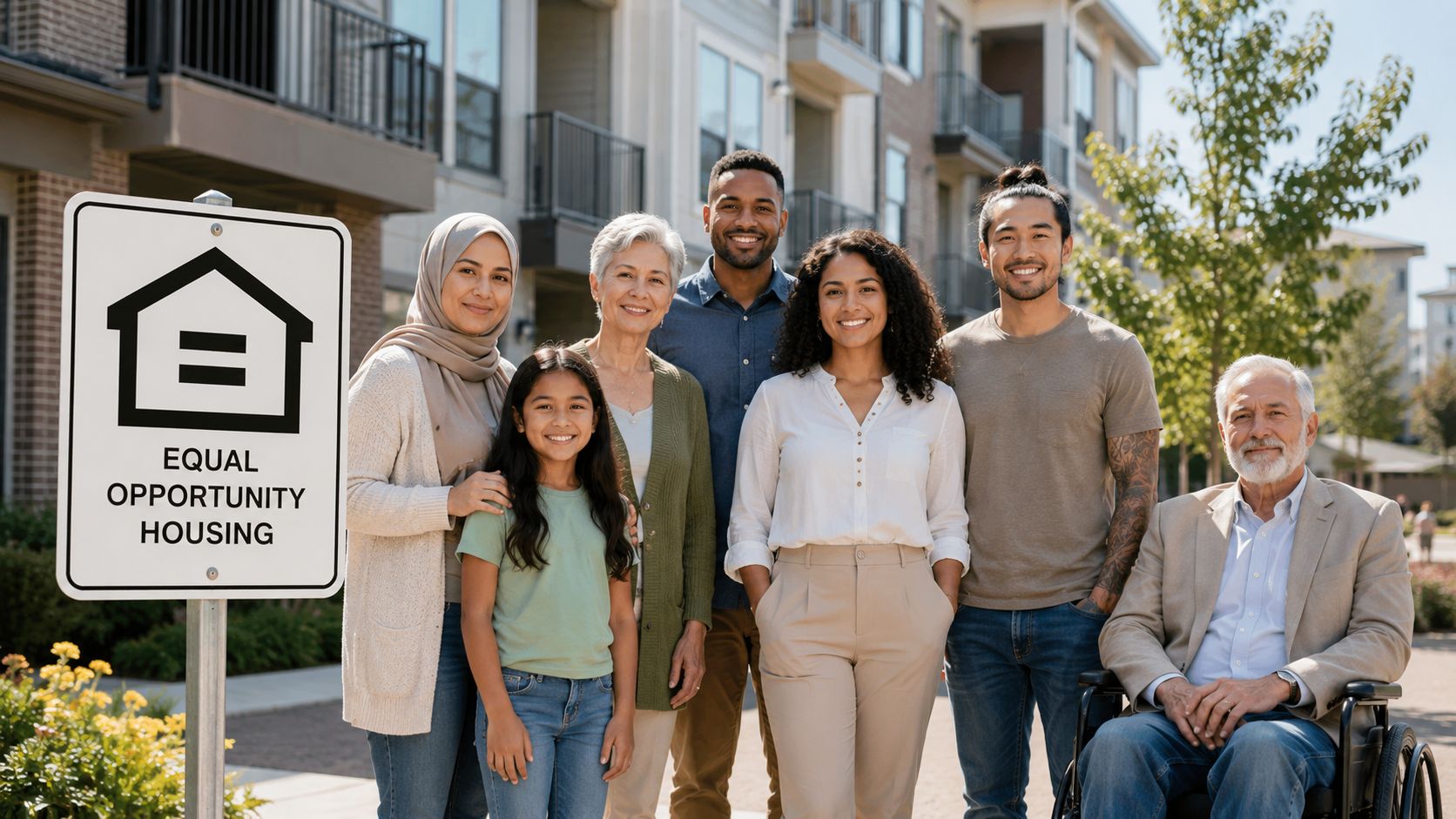 A diverse group of people of various ages and backgrounds posing next to an equal housing sign.