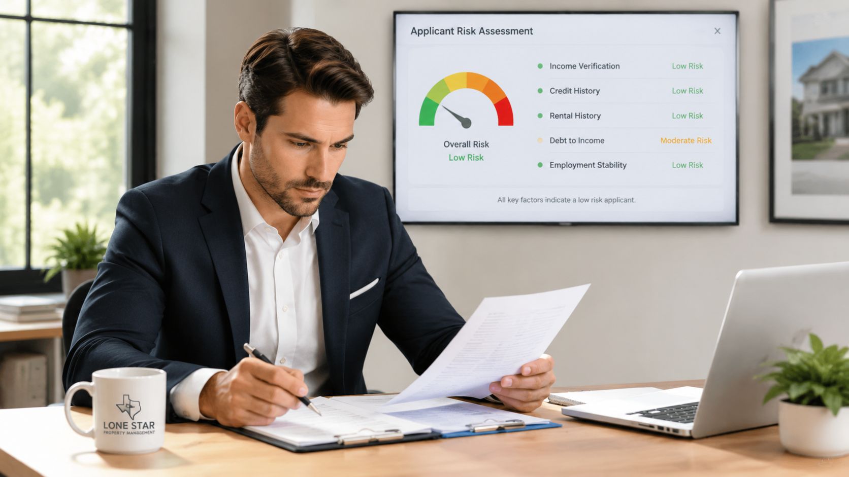 A professional man reviewing a rental application with a digital risk assessment dashboard displayed on a screen.