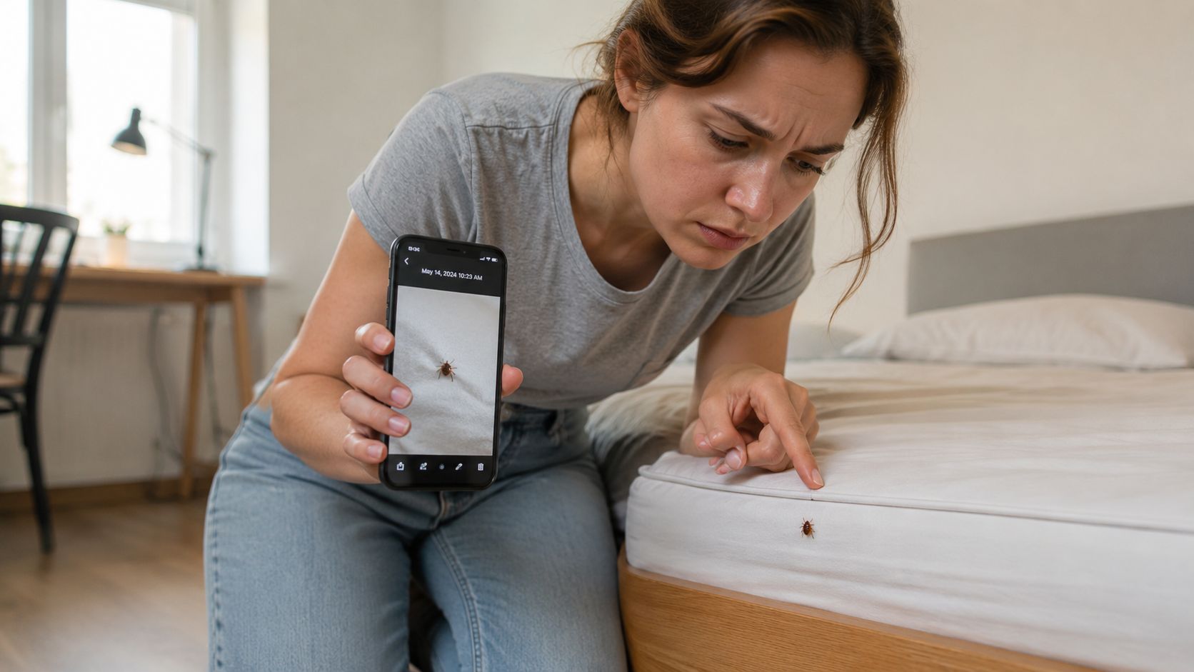 A concerned tenant examines a bed bug found on her mattress while holding a photo of the insect.