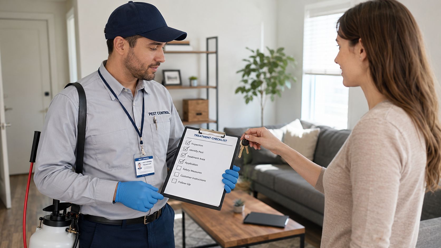 A professional pest control technician handing a checklist to a resident inside an apartment living room.