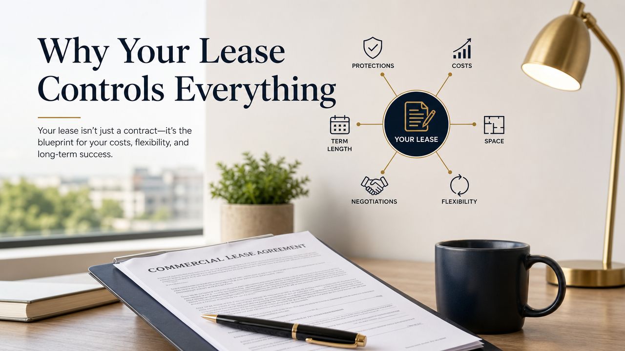 A commercial lease agreement on a desk with a diagram illustrating lease-related business factors.