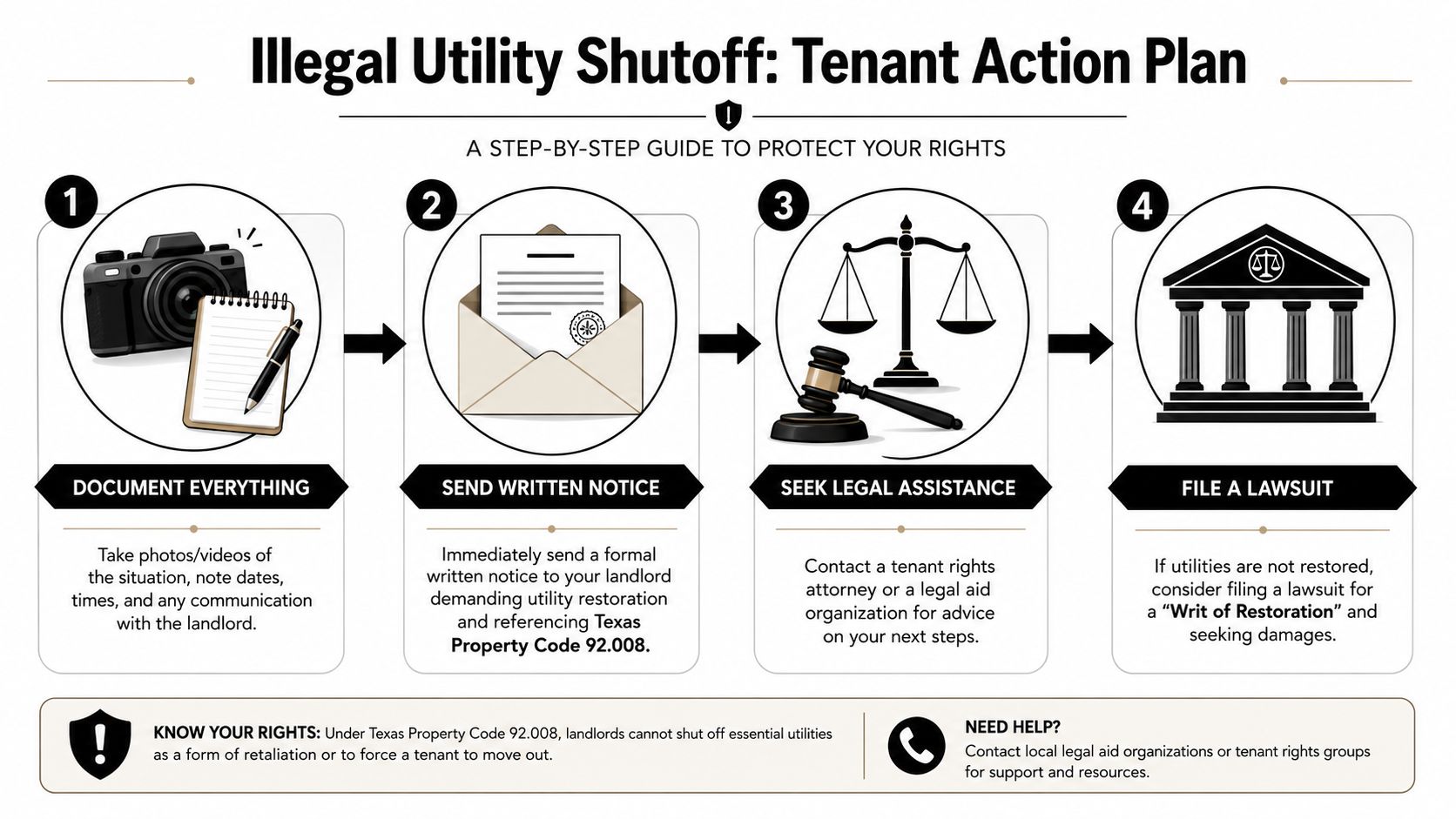 An infographic titled Illegal Utility Shutoff: Tenant Action Plan outlining four steps for tenants in Texas.