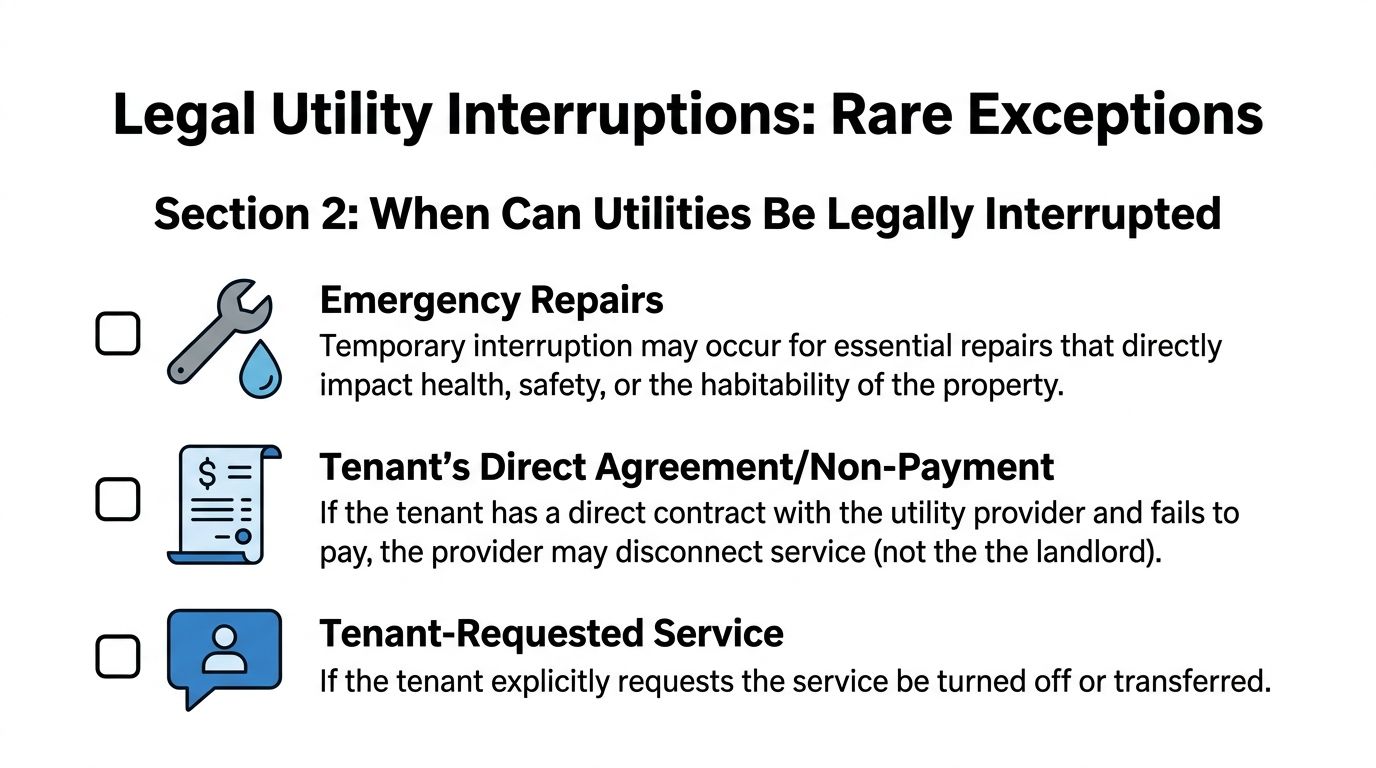 A list outlining the rare circumstances under which utility service interruptions are legally permitted for tenants.