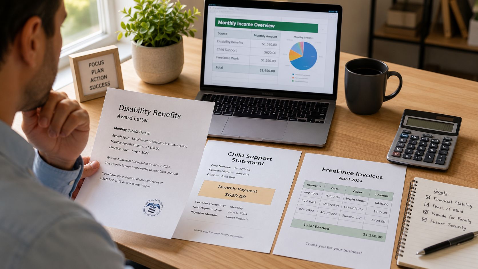 A man reviewing his monthly income documents, disability benefits, child support statements, and freelance invoices at a desk.