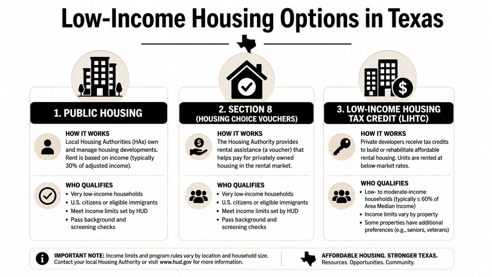 An infographic titled Low-Income Housing Options in Texas explaining public housing, Section 8 vouchers, and tax credits.