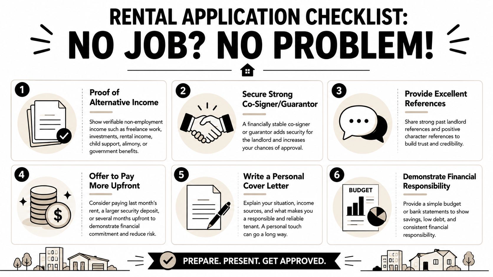 A rental application checklist infographic illustrating six steps to rent an apartment without a steady job.