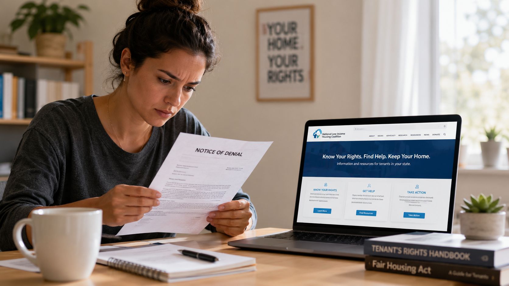 A concerned woman holds a notice of denial document while researching housing rights on her laptop computer.