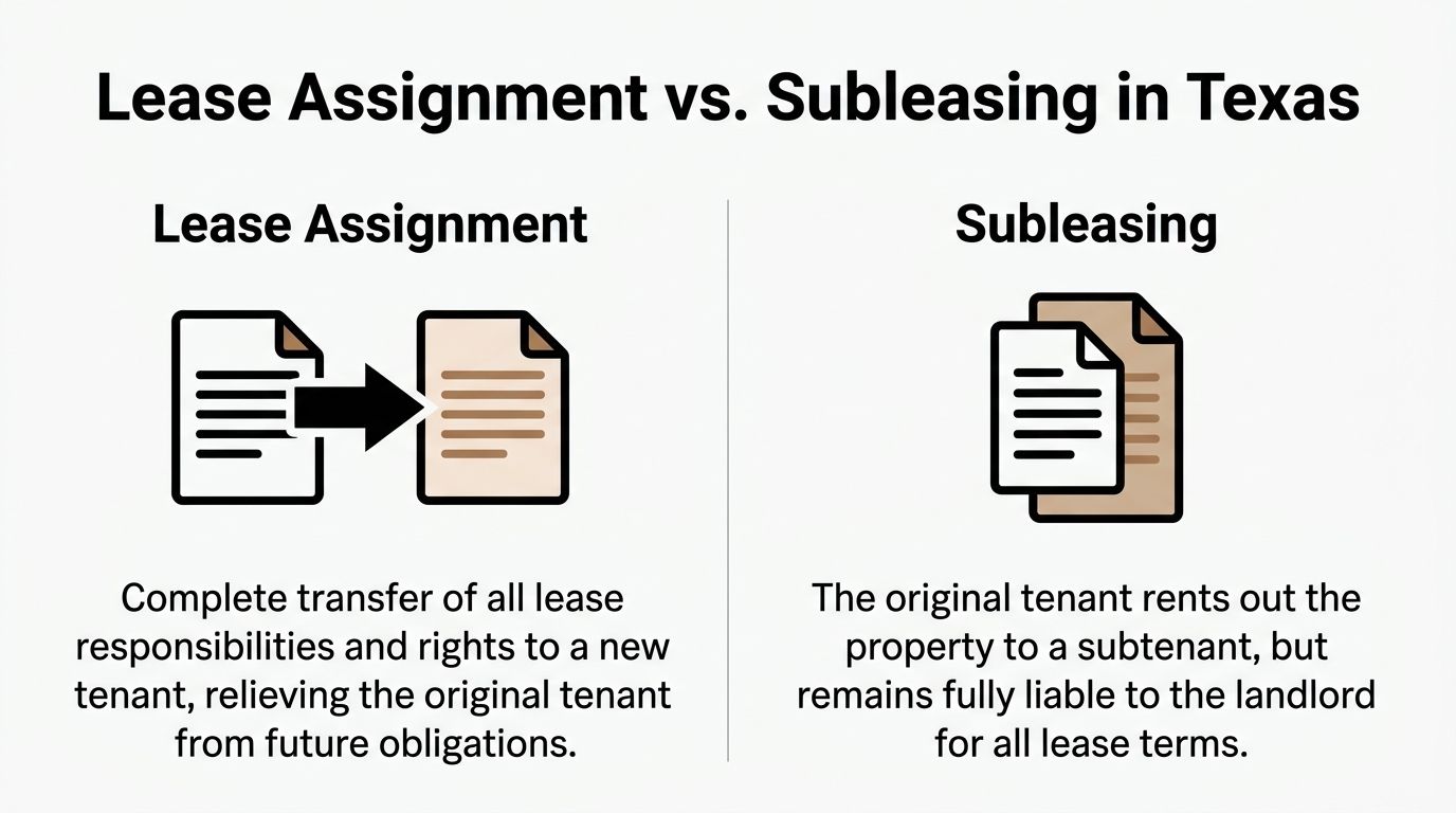 A comparison chart explaining the differences between lease assignment and subleasing in Texas for tenants.