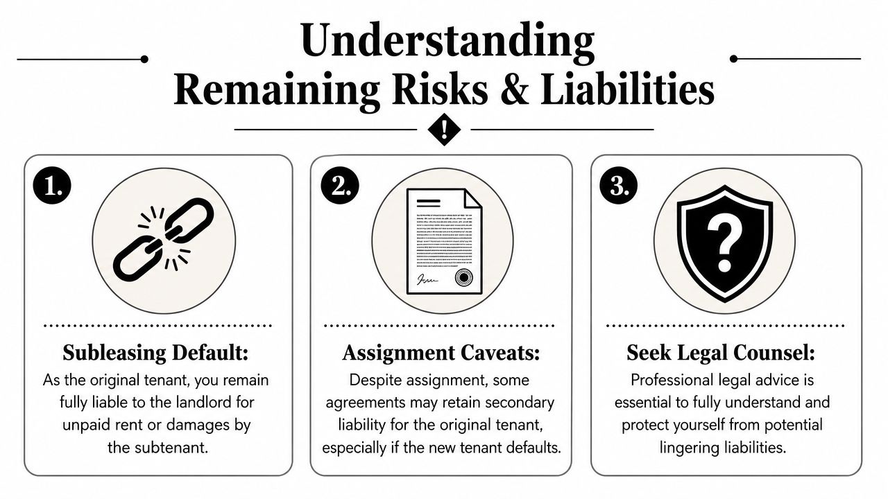 A graphic explaining the risks of lease transfers, including subleasing defaults, assignment caveats, and seeking legal counsel.