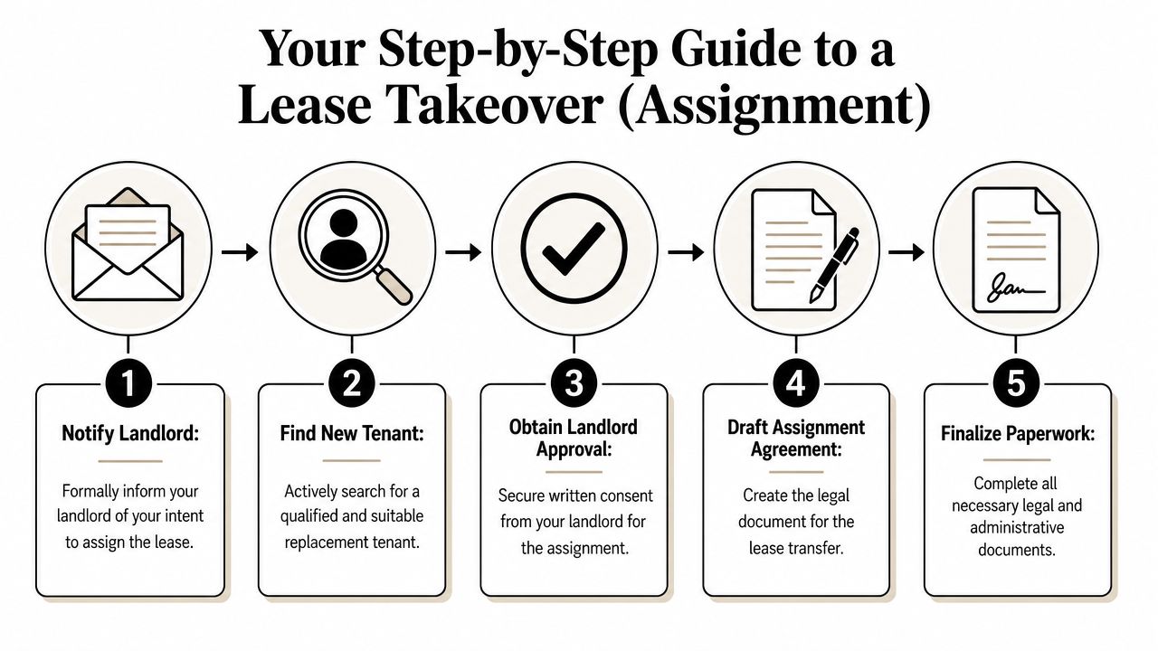 A five-step infographic guide explaining the process of performing a lease takeover or assignment for renters.