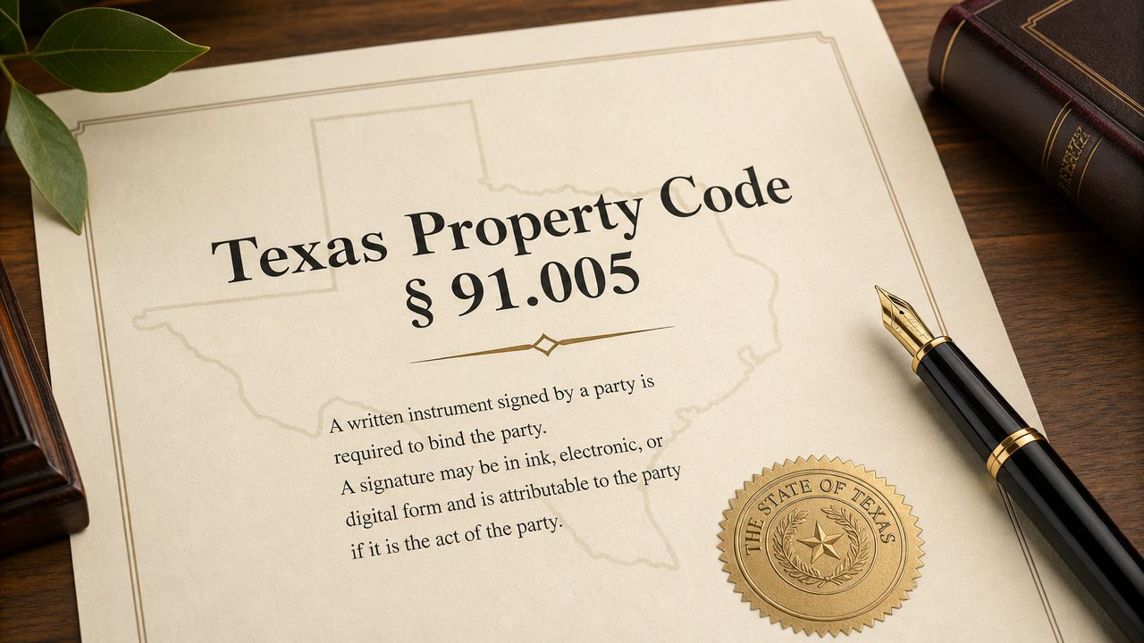 A document displaying Texas Property Code section 91.005 regarding requirements for written and electronic signatures.