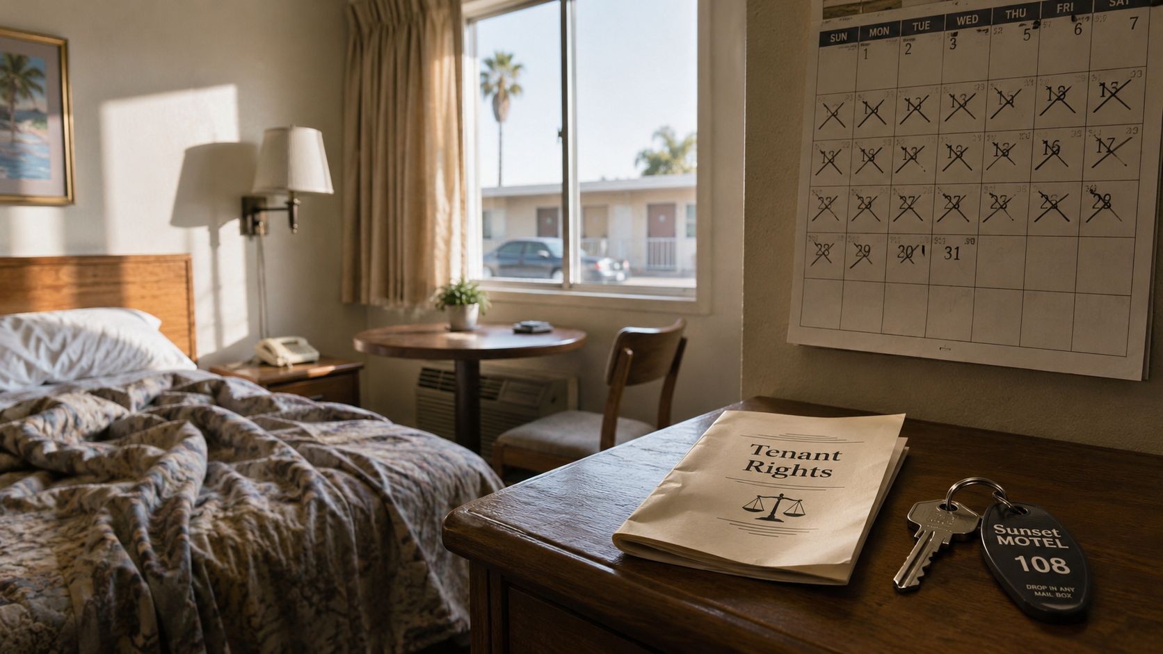 A motel room with a bed, calendar, tenant rights pamphlet, and a room key on a desk.