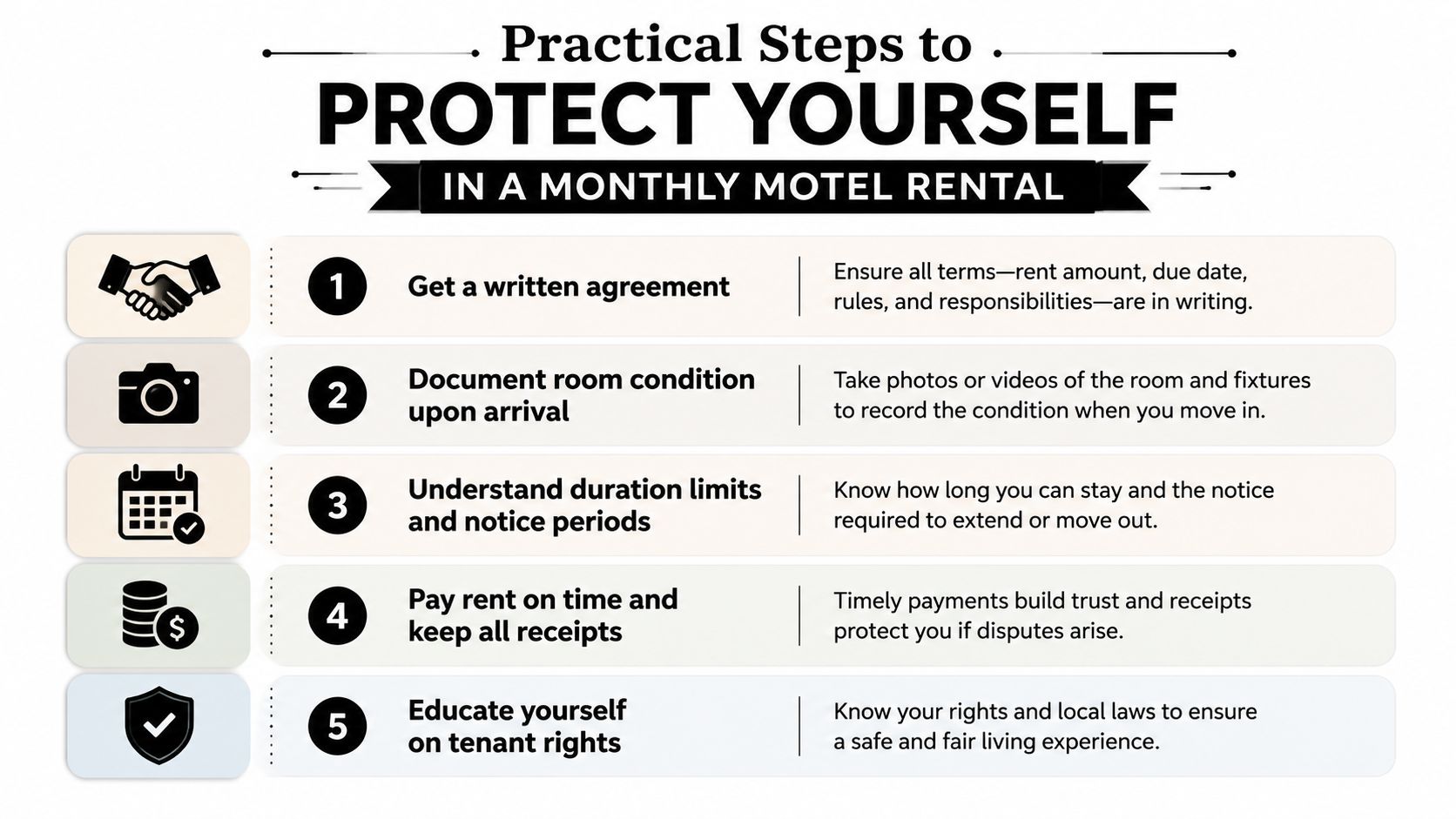 An infographic titled Practical Steps to Protect Yourself in a Monthly Motel Rental with five numbered tips.