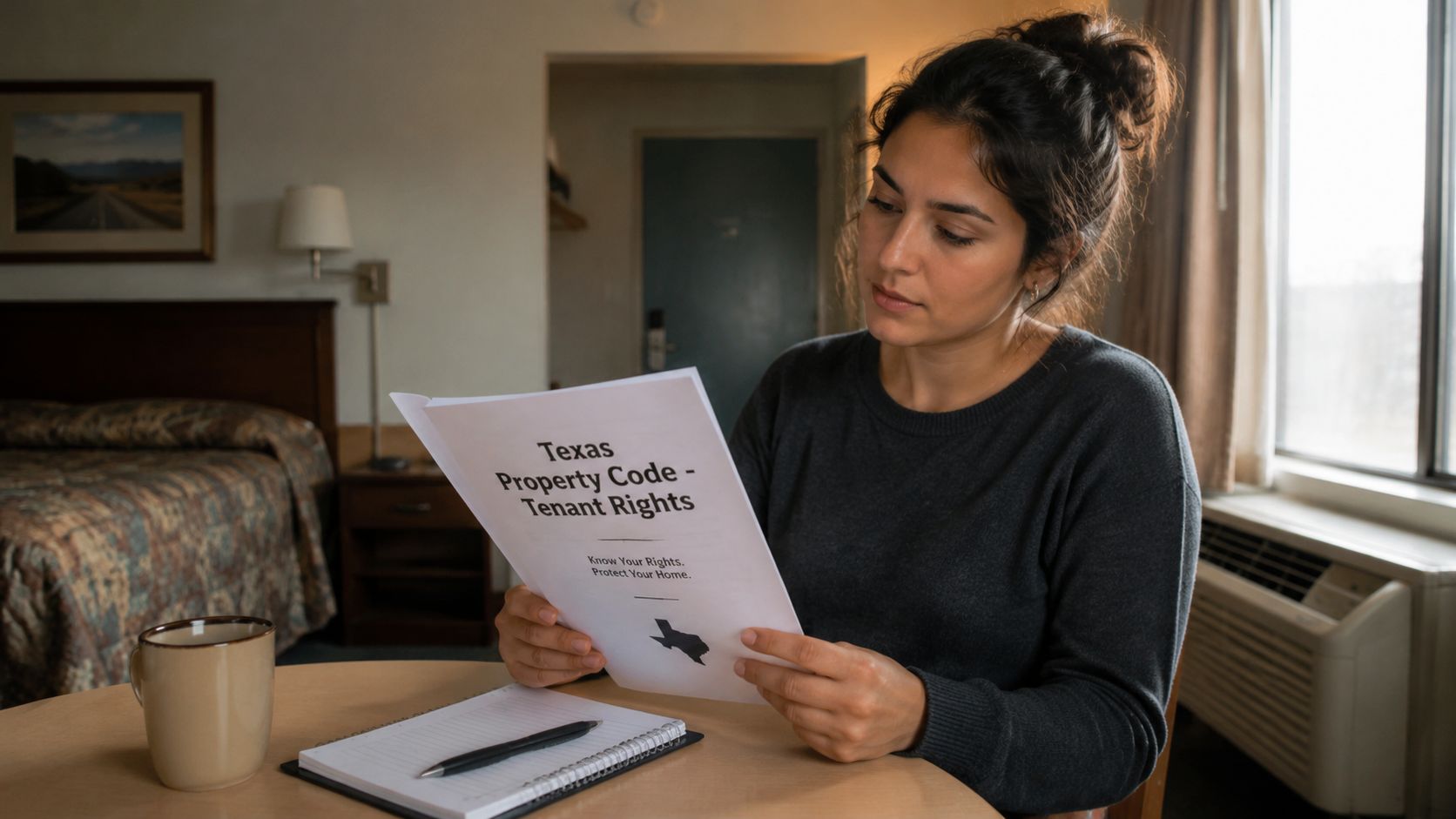 A woman reads a Texas Property Code tenant rights document while sitting at a hotel table.