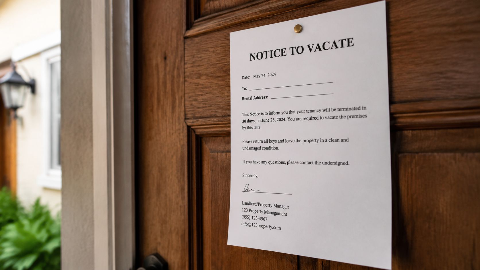 A notice to vacate document pinned to a wooden door informing a tenant of lease termination.