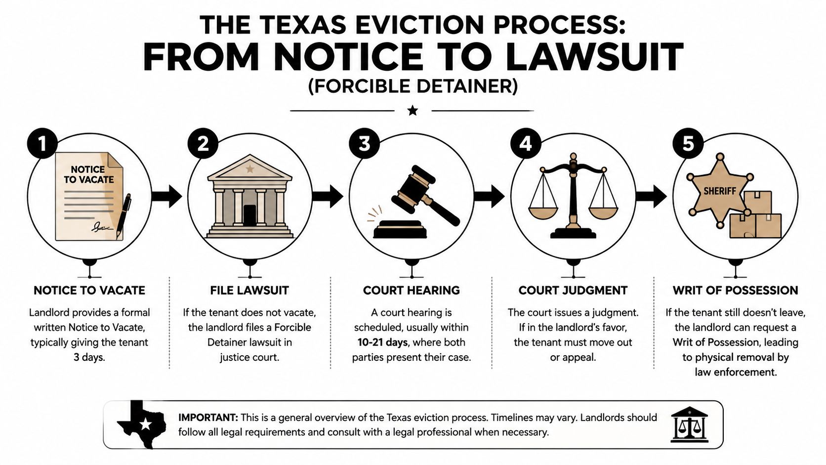 A five-step infographic outlining the legal eviction process for landlords and tenants in the state of Texas.