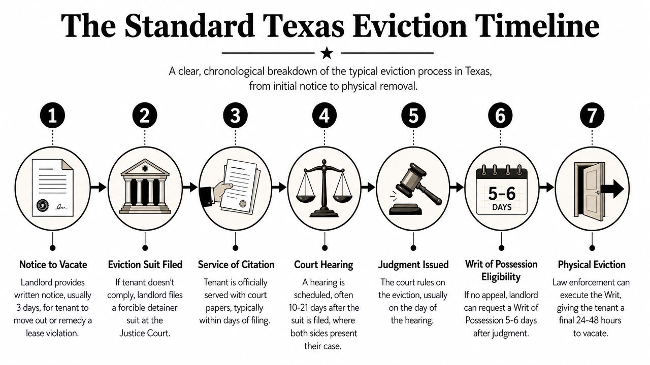 A chronological infographic showing the seven steps of the standard Texas eviction timeline process.