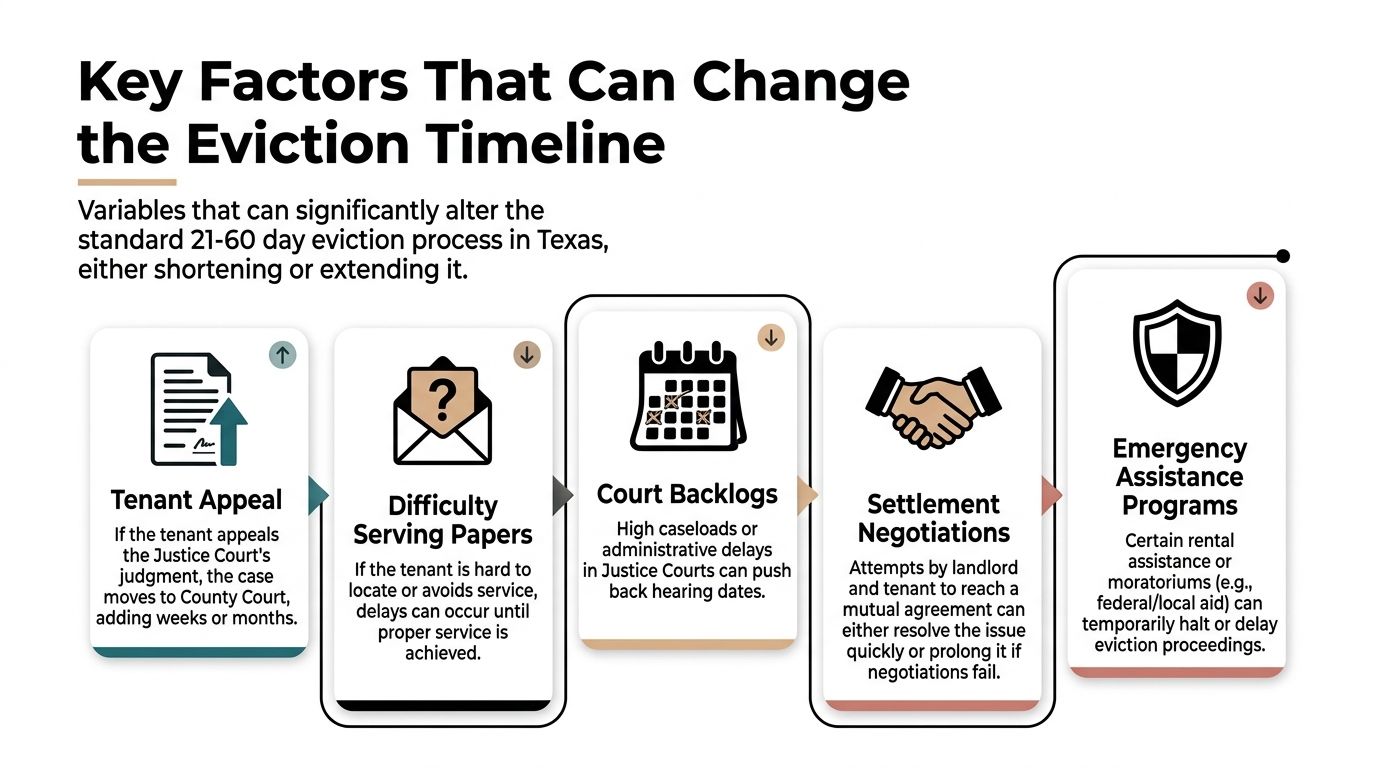 A visual infographic explaining key factors that can shorten or extend the Texas eviction process timeline.