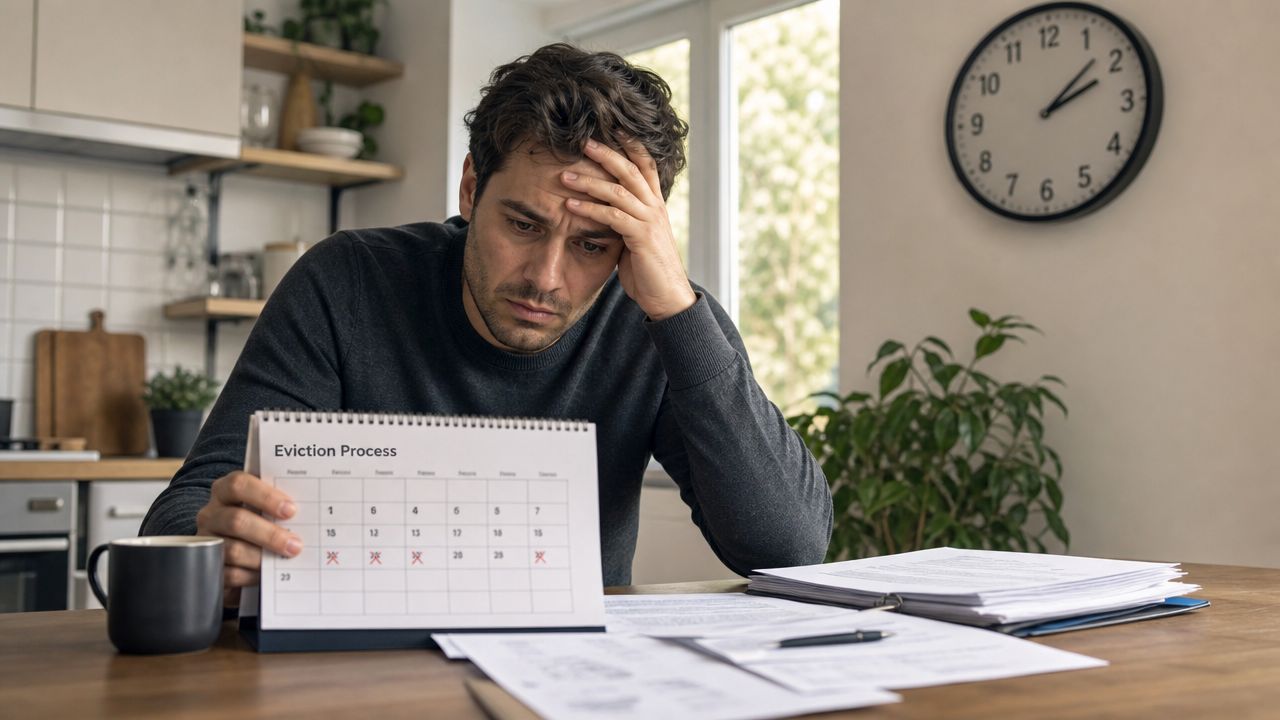 A stressed man sitting at a table looking at a calendar labeled with the eviction process.