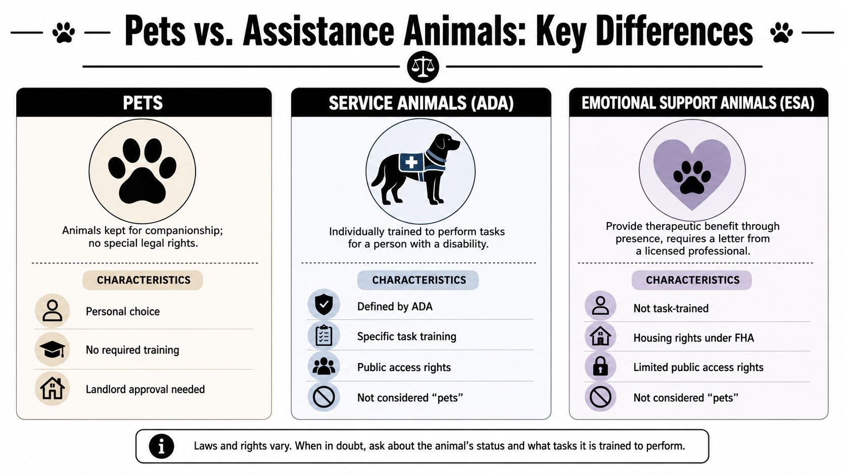 An infographic comparing the legal status and characteristics of pets, service animals, and emotional support animals.