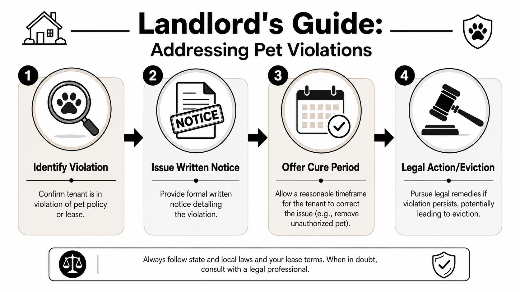 A four-step landlord guide for addressing tenant pet policy violations leading from identification to legal eviction.