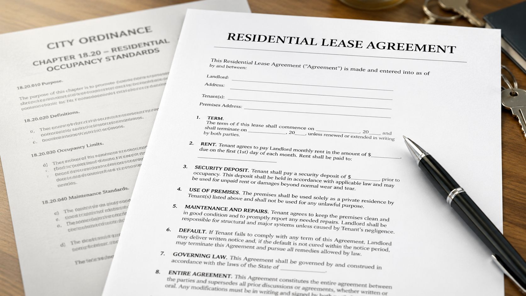 A printed residential lease agreement and a city ordinance document on a wooden desk with a pen.