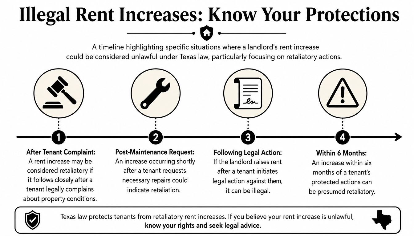A timeline graphic outlining four scenarios where a landlord's rent increase may be considered retaliatory under Texas law.