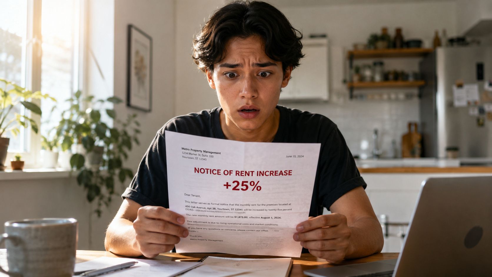 A shocked young man holding a formal notice of rent increase document at his kitchen table.