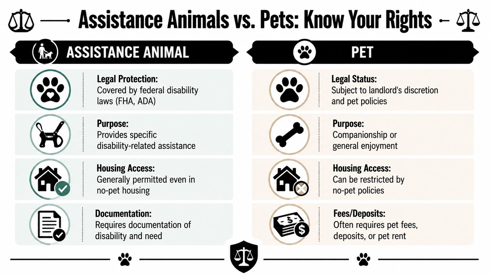 A comparison chart outlining the key legal differences between assistance animals and pets in housing situations.