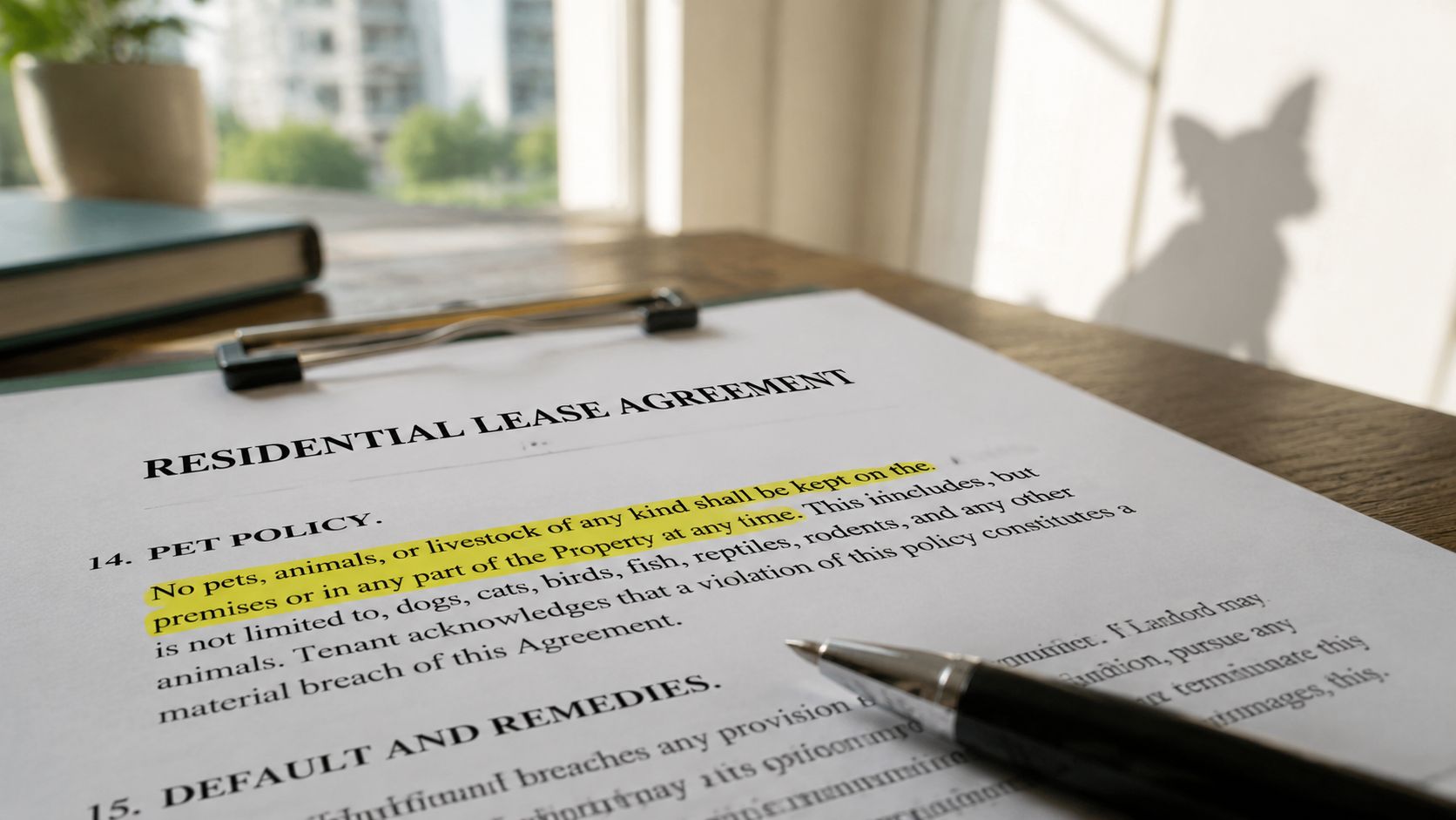 A close-up view of a residential lease agreement document with a no pet policy clause highlighted.