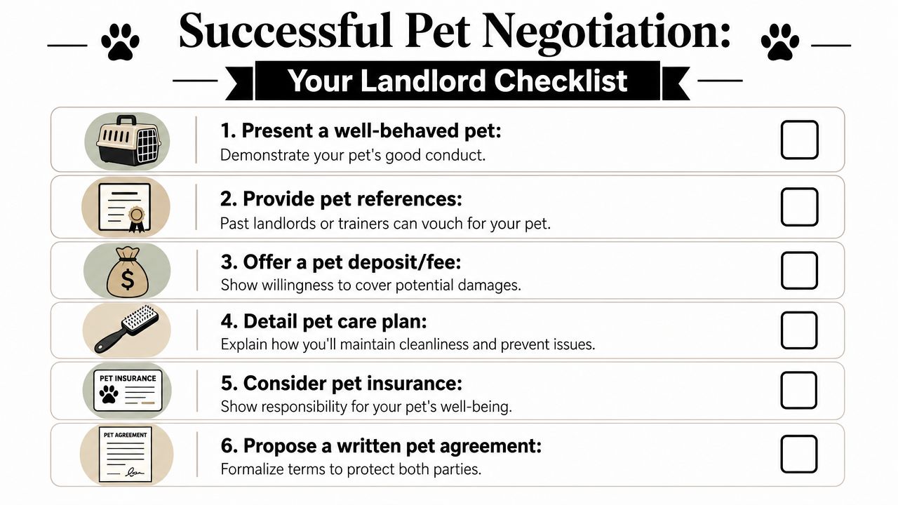 A checklist for pet owners to negotiate with landlords to include pets in rental properties.