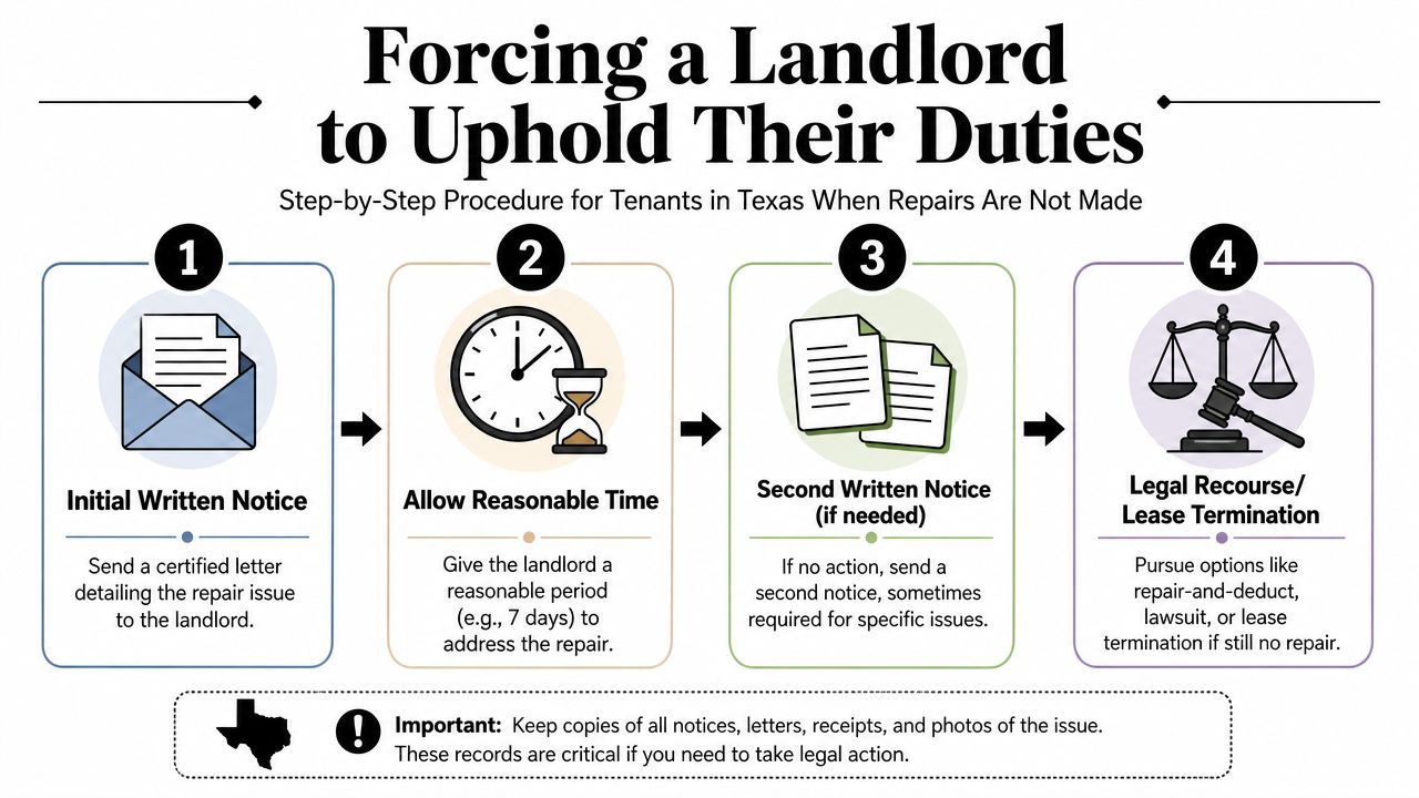 A four-step infographic showing how Texas tenants can legally force their landlord to make property repairs.
